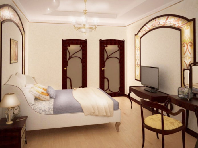 TV en el interior del dormitorio en estilo Art Nouveau