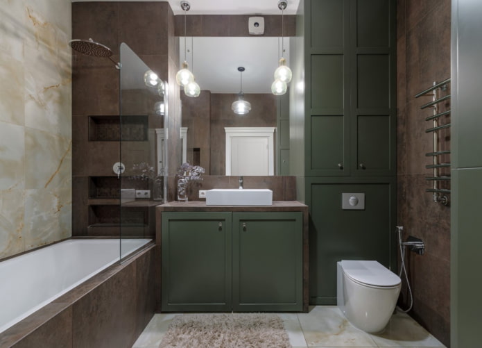 muebles verde oscuro en el baño