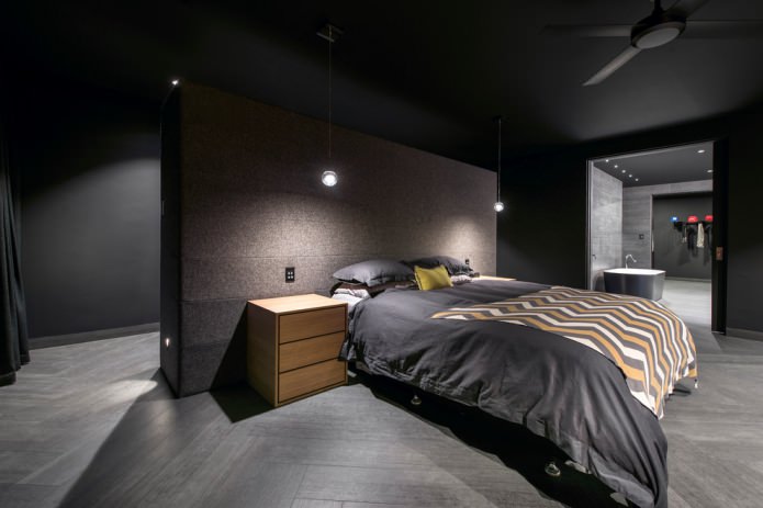 dormitorio con suelo y paredes oscuros