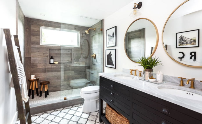 baño en blanco y negro con madera