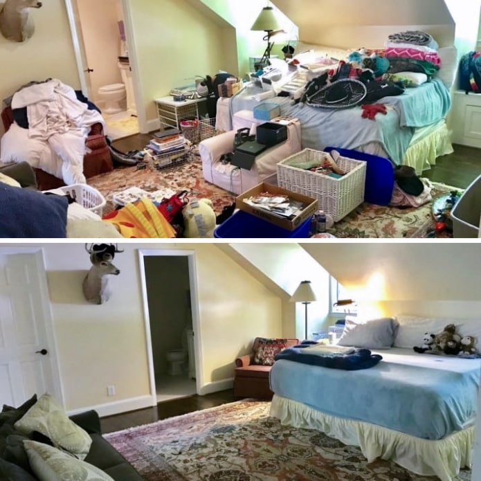 Habitación abuhardillada antes y después