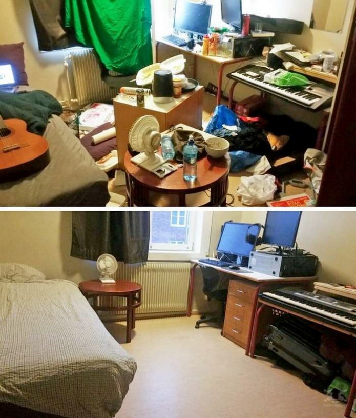 Habitación de adolescente antes y después de la limpieza