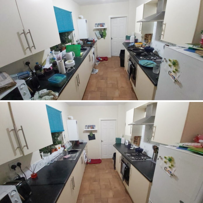 Cocina antes y después de la limpieza