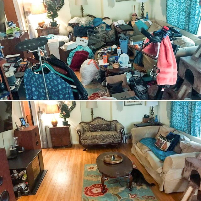 Sala de estar antes y después de la limpieza