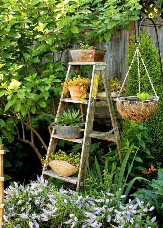 Escalera con flores en el jardín