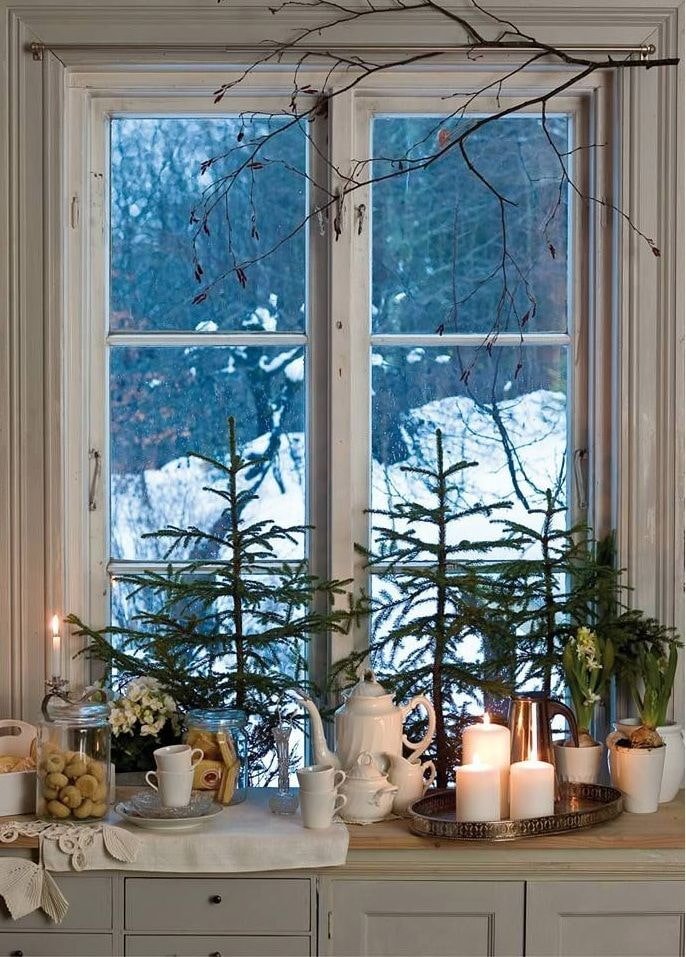 Árboles de Navidad naturales en el alféizar de la ventana