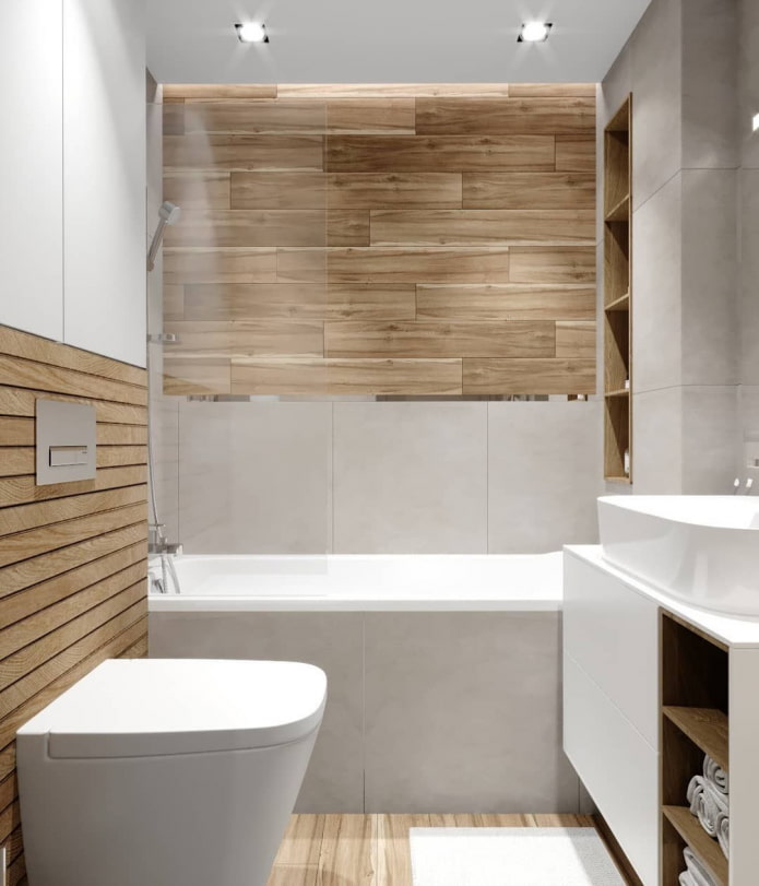 azulejos horizontales con aspecto de madera en un baño pequeño