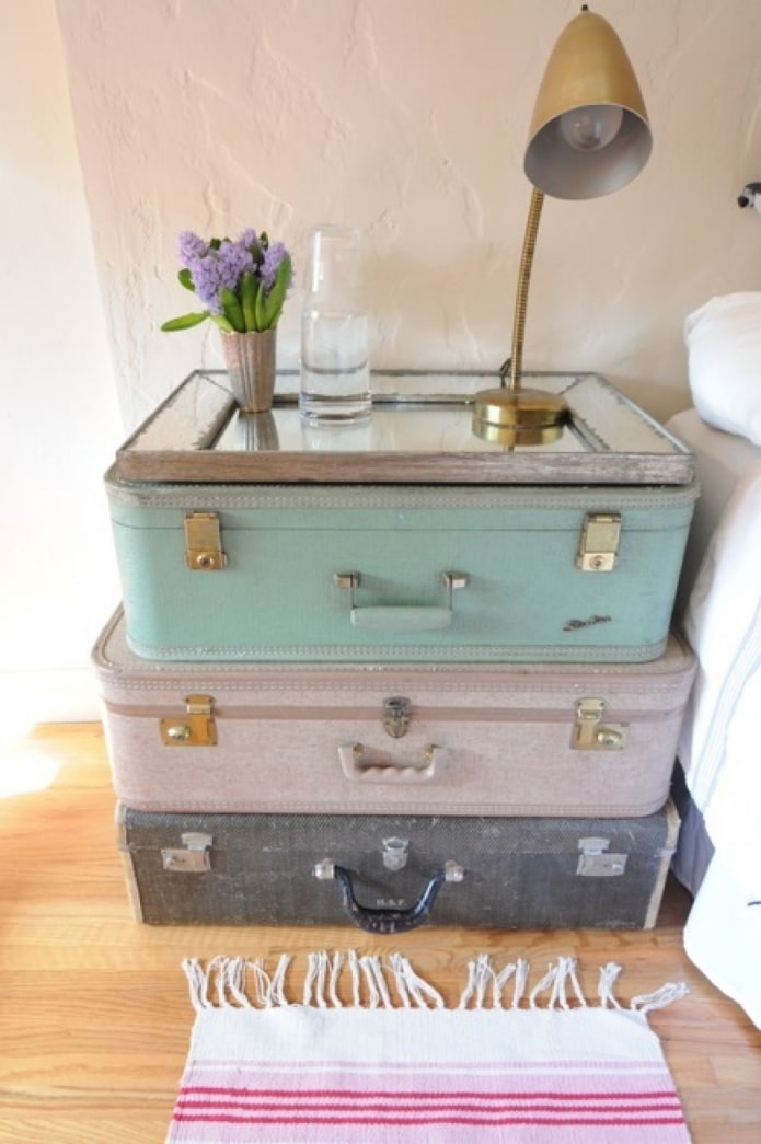 bedside table made of luggage