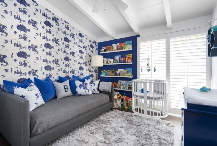 papel pintado blanco y azul con un estampado en la habitación de los niños