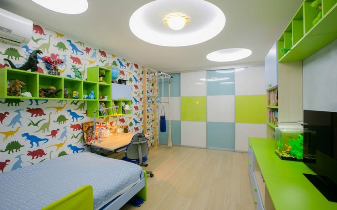 papel pintado con dinosaurios en una habitación infantil para un niño de 3 a 6 años