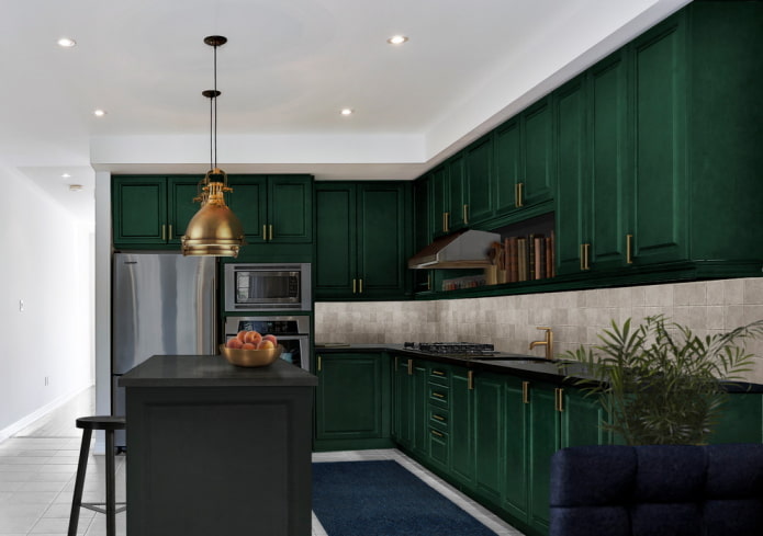 diseño de cocina en tonos verde oscuro