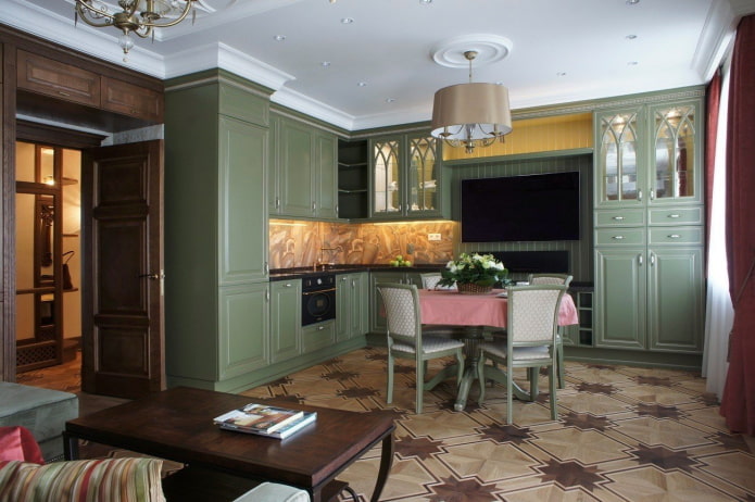 cocina en tonos verdes de estilo clásico