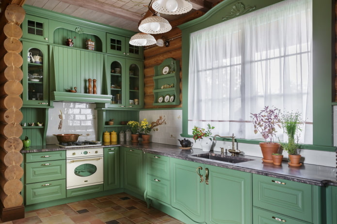 cortinas en el interior de la cocina en tonos verdes