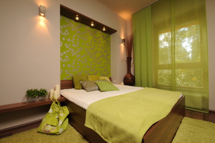 combinación de colores en el interior del dormitorio en tonos verdes