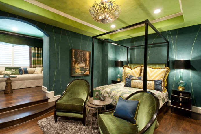 decoración de dormitorio en tonos verdes
