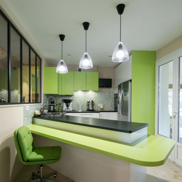 black countertop, green entrance