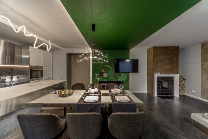 Estructura de techo blanca y verde en la cocina
