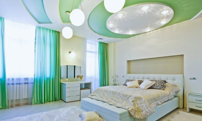 Diseño de techo blanco y verde en el dormitorio
