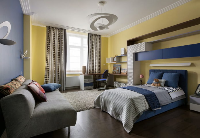 Interior de un dormitorio para niño en tonos amarillos