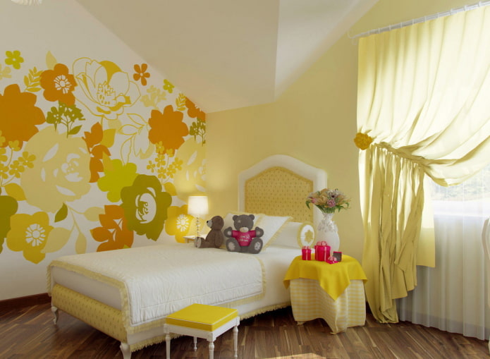 Papel pintado amarillo y naranja en la habitación infantil