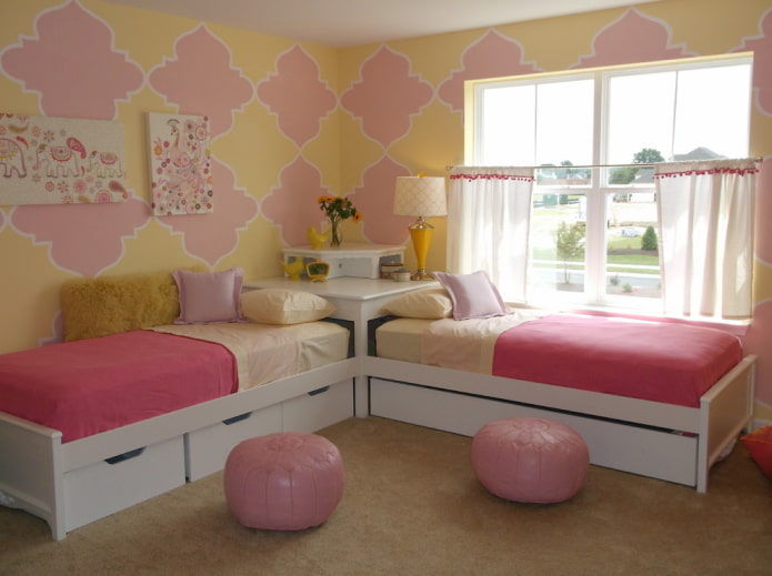 Papel pintado amarillo y rosa en la habitación infantil