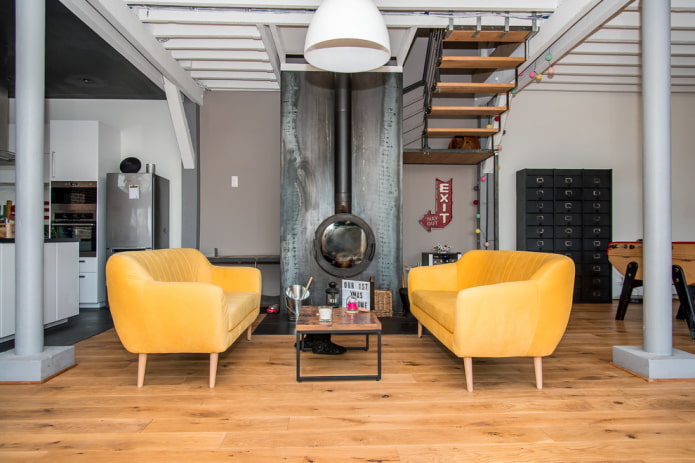 Sofás amarillos en estilo loft
