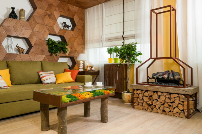 Sala de estar de estilo ecológico con detalles en amarillo y naranja