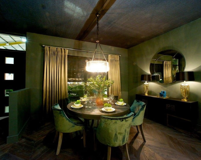 cortinas verde oscuro y doradas