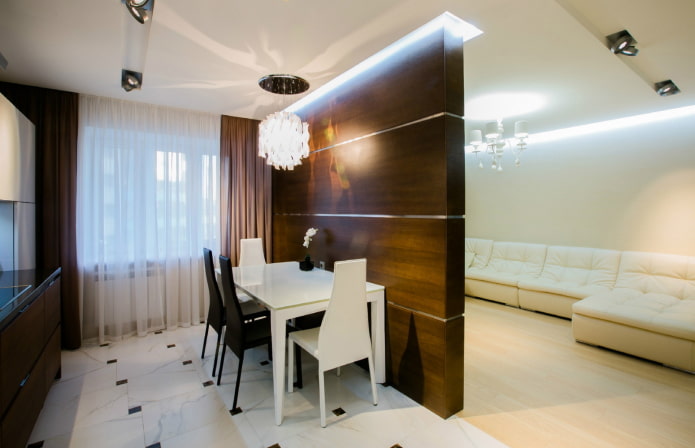 Zonificación con tabique en el interior de la cocina-salón