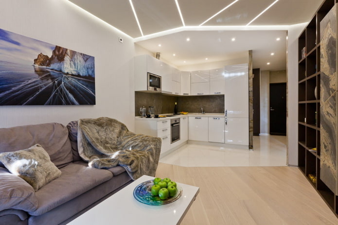 Zonificación con estructuras de varios niveles en el interior de la cocina-salón