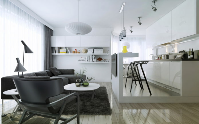 Zonificación con estructuras de varios niveles en el interior de la cocina-salón
